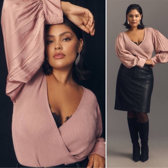 By Anthropologie Twofer Faux-Wrap Sweater Ballet Coquette Romantic Mauve - Picture 2 of 10